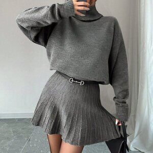 Grey Casual Women's Solid Color Loose Pleated Skirt And Turtleneck Sweater Suit